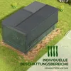 A raised garden bed with a dark gray cover, surrounded by grass and soil, with gardening accessories laid out nearby. Produktbild-Vorschau