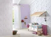 A child's bedroom with a bed, shelves, and patterned wallpaper. Produktbild-Vorschau