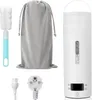 A collection of items including a portable kettle, a cleaning brush, a storage bag, and power adapters, arranged on a white background. Produktbild-Vorschau