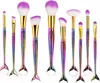 A collection of 10 makeup brushes with mermaid-tail shaped handles and rainbow-colored bristles. Podgląd zdjęcia produktu