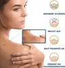 A woman's shoulder and neck area with a magnified inset showing a scar, accompanied by diagrams and text explaining product benefits. Produktbild-Vorschau