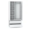 A white wardrobe with open doors, showing shelves and a hanging rod, and two drawers at the bottom. Produktbild-Vorschau