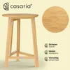 A wooden bar table with a circular top and a detailed view of the wood grain, along with marketing text highlighting its features. Produktbild-Vorschau