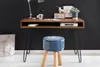 A wooden desk with hairpin legs, a stool with a denim seat, and various desk accessories against a black wall. Produktbild-Vorschau