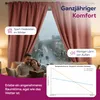 A couple reading a book on a couch in front of a window with curtains, with a graph showing temperature curves. Produktbild-Vorschau
