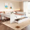 A child's bedroom with a white bed frame that includes a desk and storage drawers, decorated with colorful artwork. Produktbild-Vorschau