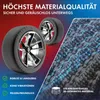 Marketing image showing textile snow chains on car wheels, with close-up of the material texture and feature callouts. Podgląd zdjęcia produktu