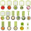 A collage of different attachments and cut vegetables for a kitchen slicer. Náhľad obrázku produktu