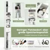 A marketing image showcasing a tall, narrow white cabinet with various compartments and items stored inside, along with illustrative graphics and text highlighting its features and benefits. Podgląd zdjęcia produktu