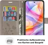 A flip-style phone case with card slots and a bill compartment, shown open with a smartphone inside. Produktbild-Vorschau