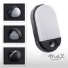 A collage of images showing a modern LED outdoor light fixture with a motion sensor, along with close-ups of the sensor. Produktbild-Vorschau