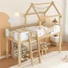 A child's loft bed with a house-like frame, decorated with a banner and cloud accents, set in a room with playful wall art and child-sized furniture. Anteprima dell’immagine prodotto