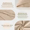 Collage of images and text highlighting features of a taupe musselin bedding set. Produktbild-Vorschau