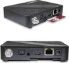 A collage of two images showing the back and a slightly angled view of a black satellite receiver box. Produktbild-Vorschau