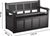 A dark-colored garden bench with storage is shown against a white background. Dimensions are indicated by measurement lines and text. Produktbild-Vorschau