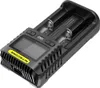 A black Nitecore battery charger with a digital display and two battery slots. Podgląd zdjęcia produktu