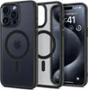 A product shot showing three views of a phone case, one on a phone, one empty, and one showing the back.
