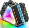 A black charging station for Nintendo Switch Joy-Con controllers, with colorful LED lighting and two controllers attached. Produktbild-Vorschau