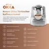 A marketing image for a coffee machine, showing the product and its features with text descriptions. Produktbild-Vorschau