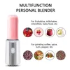 A personal blender with a pink smoothie in the bottle, surrounded by images of ingredients and text describing its uses. Produktbild-Vorschau