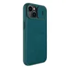 A teal iPhone case with a camera cover is shown against a white background. Produktbild-Vorschau