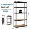 A product image showing a storage shelf with dimensions and weight capacity information, alongside a silhouette of a person for scale. Produktbild-Vorschau