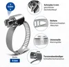 A detailed diagram of a hose clamp with callouts highlighting its features. Produktbild-Vorschau