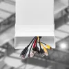 A white cable management channel with various cables emerging from the bottom. Produktbild-Vorschau
