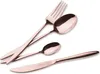 A set of rose gold cutlery, including a fork, a large spoon, a small spoon, and a knife, arranged on a white background. Anteprima dell’immagine prodotto