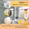 A collage of bathroom cleaning scenes and a product bottle. Produktbild-Vorschau