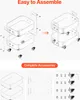 An illustration showing the assembly steps of a two-tier rolling cart and a separate image displaying all the included accessories. Produktbild-Vorschau