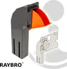 A product shot of a gray and orange plastic part, with a technical drawing of a metal bracket below it. Produktbild-Vorschau