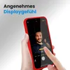 A hand holding a red smartphone case, showing the phone screen with a selfie in progress. Produktbild-Vorschau