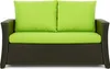 A front view of a two-seater outdoor sofa with brown wicker base and bright green cushions. Anteprima dell’immagine prodotto