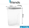A clear product shot of a transparent food storage container with dimensions and capacity indicated. Produktbild-Vorschau