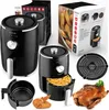 A collage of images showing a black air fryer, its packaging, accessories, and food cooked in it. Podgląd zdjęcia produktu