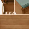Collage of images showing details of a wooden garden chest, including its interior, lid mechanism, and exterior texture. Anteprima dell’immagine prodotto