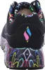 The back view of a black Skechers sneaker with colorful graphic designs on the sole and heel collar. Voir les images du produit