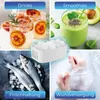 A collage of four images showing different uses of ice cubes: in drinks, in a smoothie, for preserving fish, and for wound care. Produktbild-Vorschau