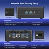 A marketing image showcasing the ports of a mini PC. Produktbild-Vorschau