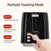 A hand is shown pressing a button on a black toaster, with text describing different toasting modes. Produktbild-Vorschau
