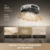 A robotic vacuum cleaner is shown in action, with text highlighting its suction power and effectiveness against different types of debris. Produktbild-Vorschau