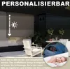 An outdoor patio area with chairs and a table, featuring a roller blind and two inset images of people sleeping. Produktbild-Vorschau