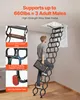 A man is climbing a retractable attic ladder. The image includes callouts highlighting product features. Podgląd zdjęcia produktu