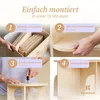 A collage of four images showing the assembly steps of a wooden shelf unit. Produktbild-Vorschau