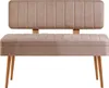 A studio shot of a beige upholstered bench with wooden legs. Produktbild-Vorschau
