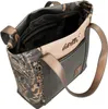 An open tote bag with a patterned exterior and tan interior. Voir les images du produit