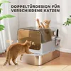 Two cats interacting with a modern litter box, one inside and one outside, with decorative elements and text overlay. Produktbild-Vorschau