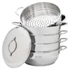 A stainless steel steamer pot with a lid, stacked on top of other pots. Produktbild-Vorschau