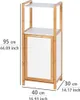 A product shot of a bamboo and white laundry cabinet with dimensions indicated. Produktbild-Vorschau